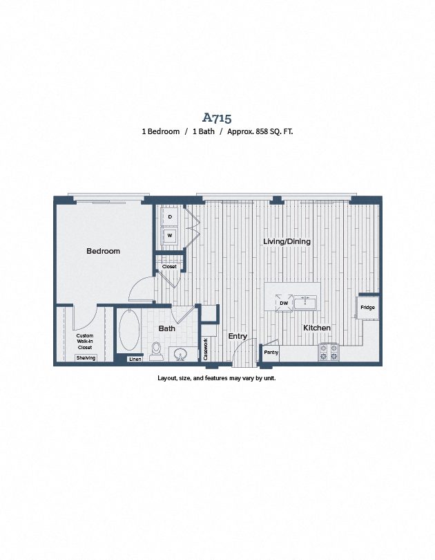 Floor plan for 1 bed, 1 bath, 858 sqft