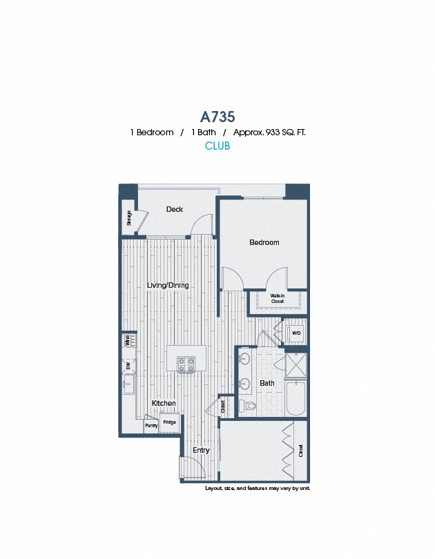 Floor plan for 1 bed, 1 bath, 933 sqft