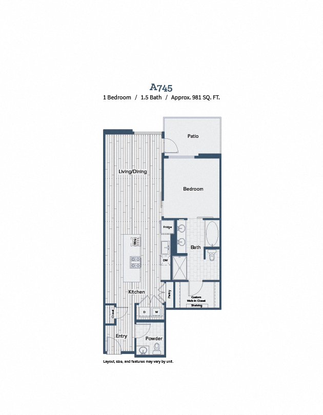 Floor plan for 1 bed, 1.5 baths, 981 sqft