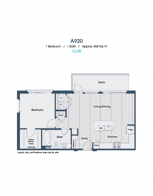 Floor plan for 1 bed, 1 bath, 858 sqft