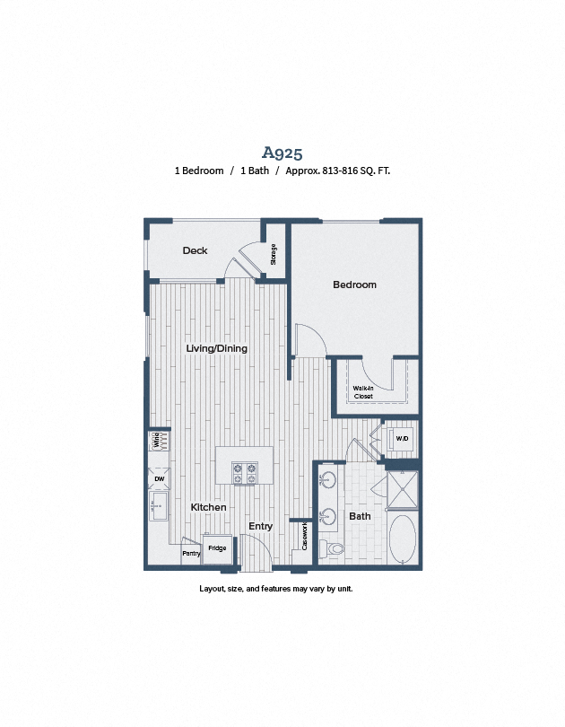 Floor plan for 1 bed, 1 bath, 815 sqft
