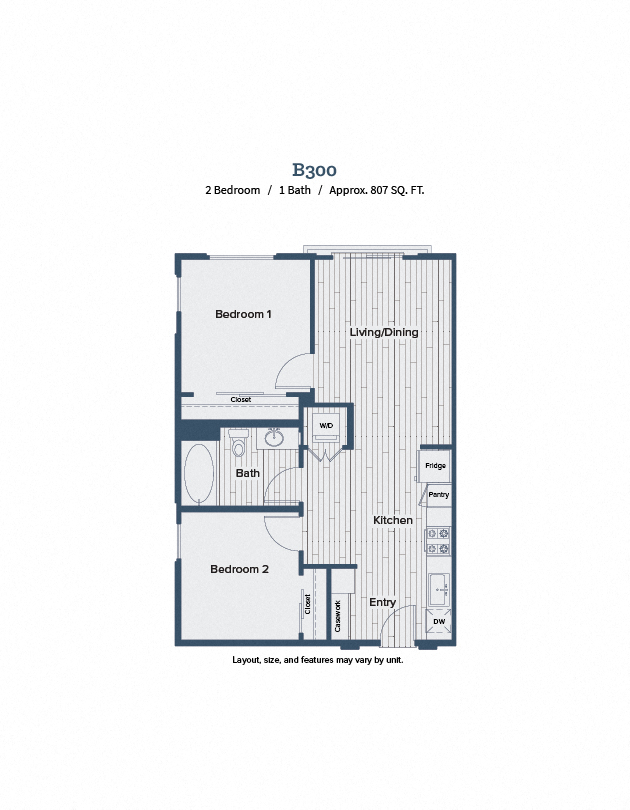 Floor plan for 2 beds, 1 bath, 807 sqft