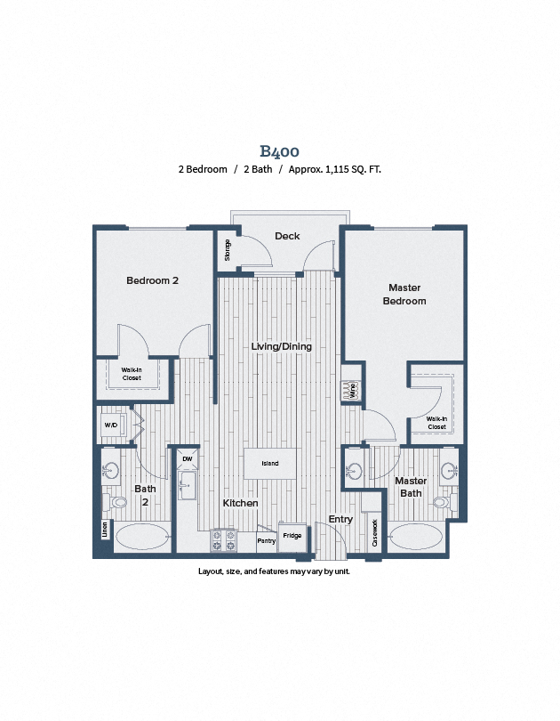 Floor plan for 2 beds, 2 baths, 1115 sqft