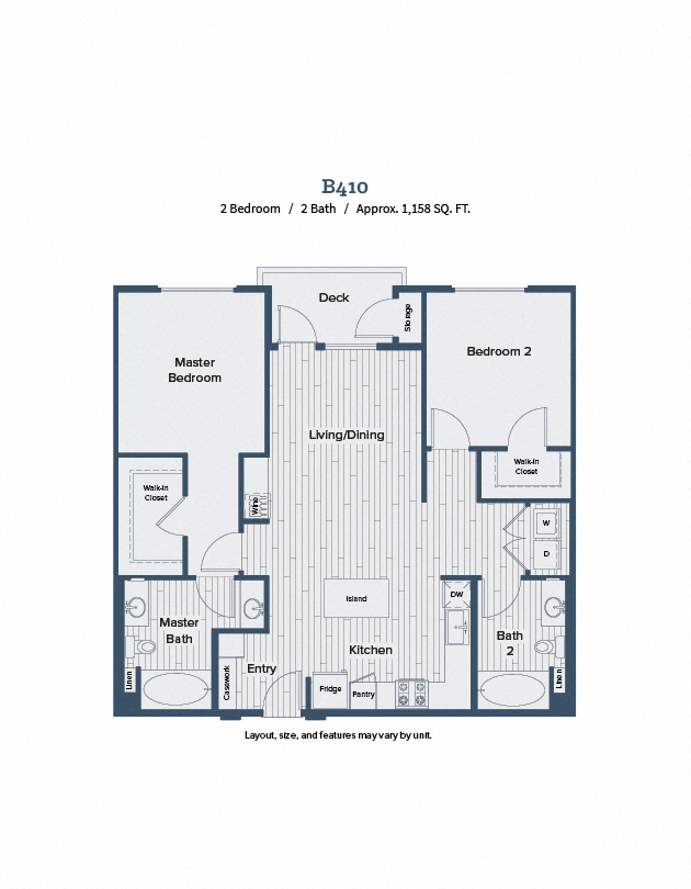 Floor plan for 2 beds, 2 baths, 1158 sqft