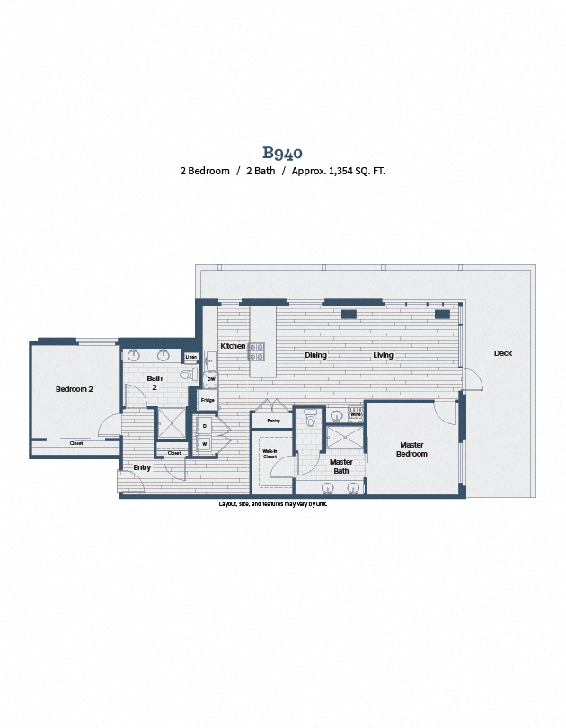 Floor plan for 2 beds, 2 baths, 1354 sqft