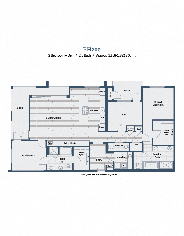 Floor plan for 2 beds, 2.5 baths, 1869 sqft