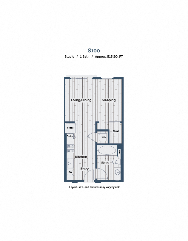 Floor plan for studio, 1 bath, 515 sqft