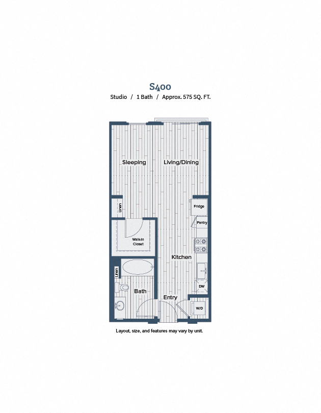 Floor plan for studio, 1 bath, 575 sqft