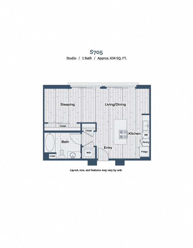 Floor plan for studio, 1 bath, 634 sqft