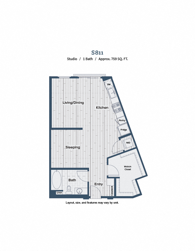 Floor plan for studio, 1 bath, 759 sqft
