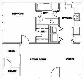 Floor plan for 1 bed, 1 bath, 610 sqft