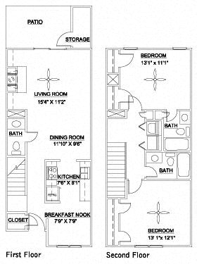 Floor plan for 2 beds, 2.5 baths, 1162 sqft