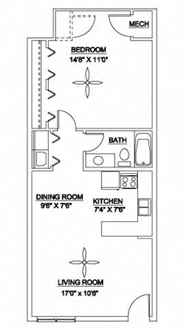 Floor plan for 1 bed, 1 bath, 700 sqft