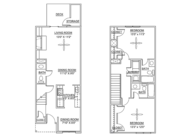 Floor plan for 2 beds, 2.5 baths, 1162 sqft