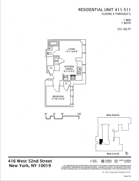 Floor plan for 1 bed, 1 bath, 551 sqft