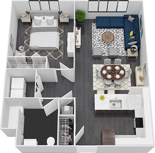 Floor plan for 1 bed, 1 bath, 770 sqft