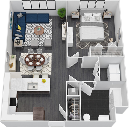 Floor plan for 1 bed, 1 bath, 770 sqft