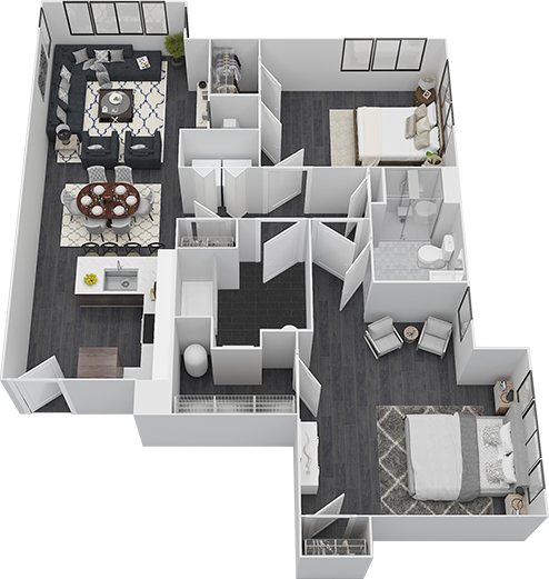 Floor plan for 2 beds, 2 baths, 1040 sqft
