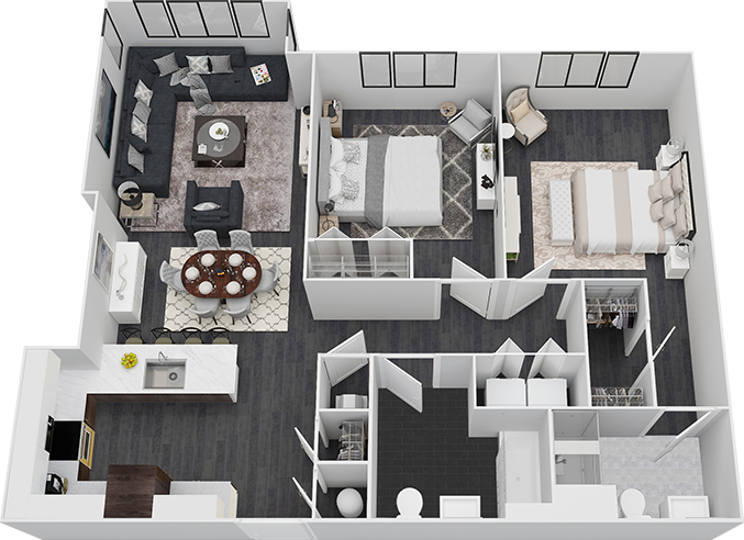 Floor plan for 2 beds, 2 baths, 1040 sqft