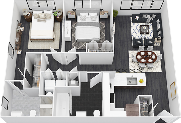 Floor plan for 2 beds, 2 baths, 1040 sqft