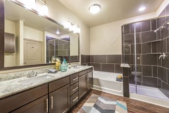 Large soaking tub in bathroom