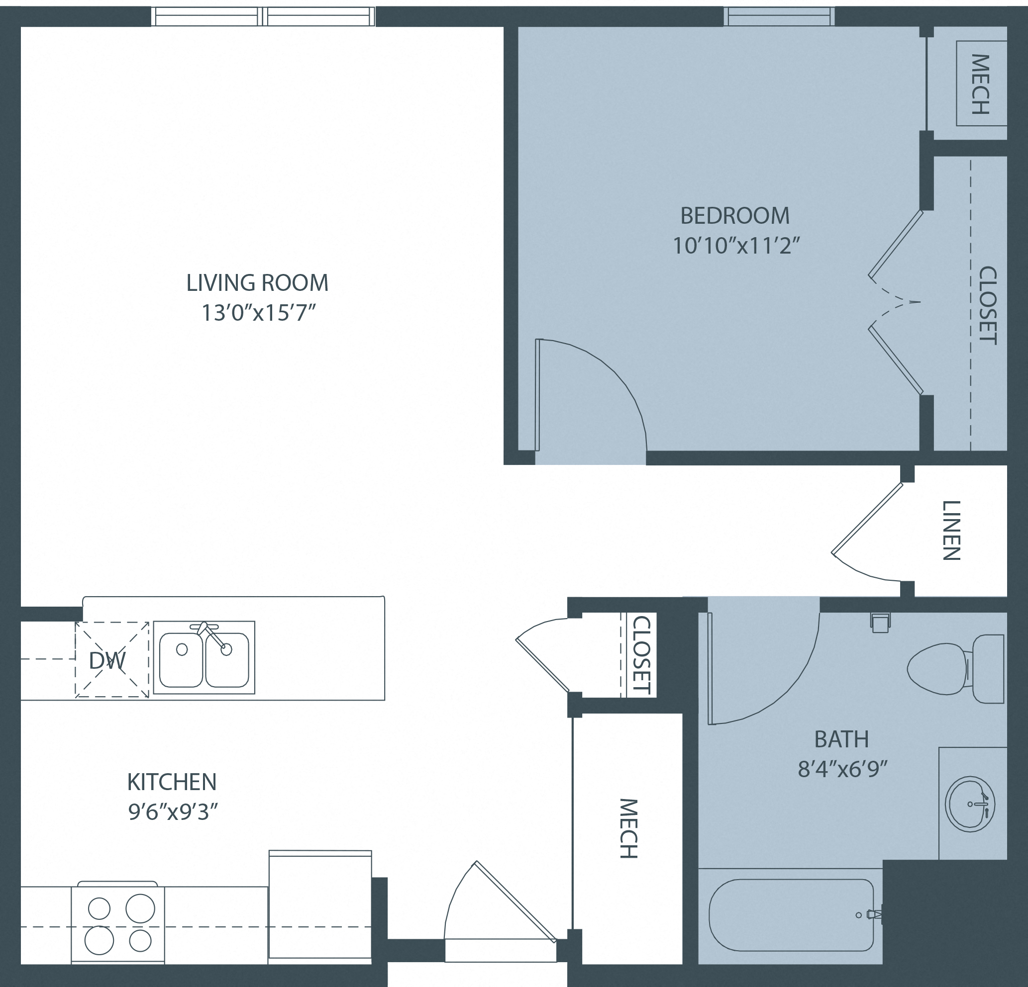 Floor plan for 1 bed, 1 bath, 706 sqft