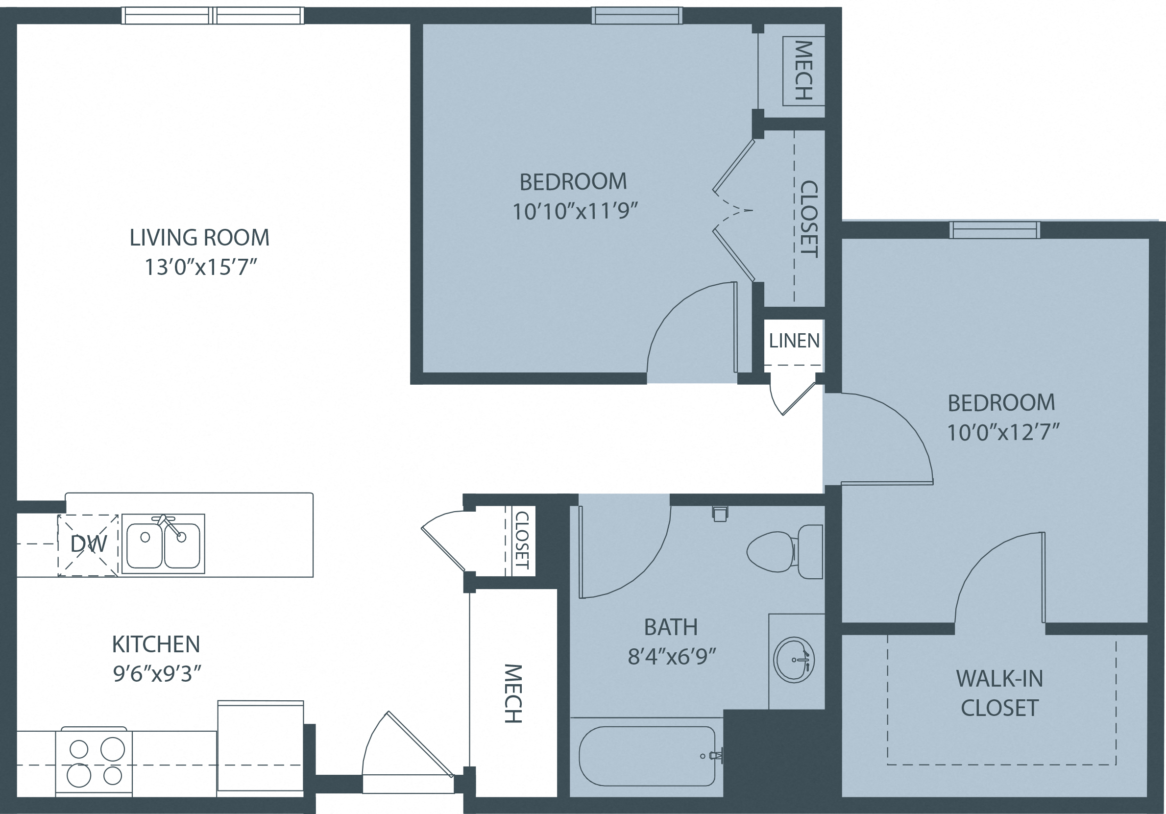 Floor plan for 2 beds, 1 bath, 899 sqft