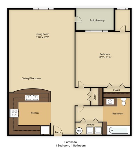 Floor plan for 1 bed, 1 bath, 810 sqft