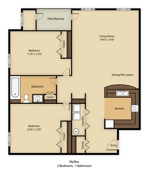 Floor plan for 2 beds, 1 bath, 1060 sqft