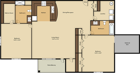 Floor plan for 2 beds, 2 baths, 1300 sqft