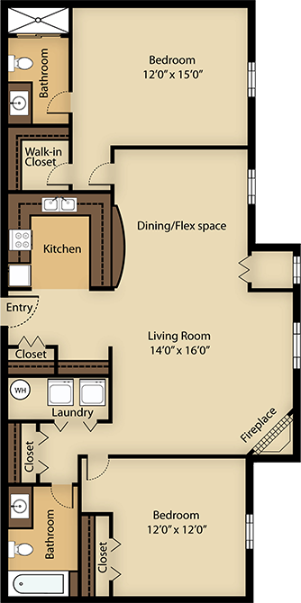 Floor plan for 2 beds, 2 baths, 1240 sqft