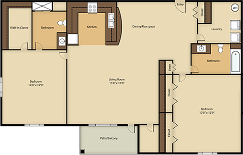 Floor plan for 2 beds, 2 baths, 1230 sqft