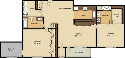 Floor plan for 2 beds, 2 baths, 1270 sqft