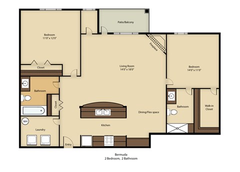 Floor plan for 2 beds, 2 baths, 1050 sqft