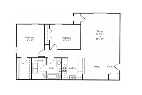 Floor plan for 2 beds, 1 bath, 1163 sqft