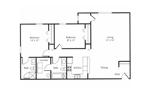 Floor plan for 2 beds, 2 baths, 1287 sqft