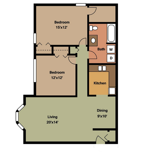 Floor plan for 2 beds, 1 bath, 1090 sqft
