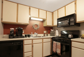Brook Park apartment for rent - a kitchen with black appliances and white cabinets