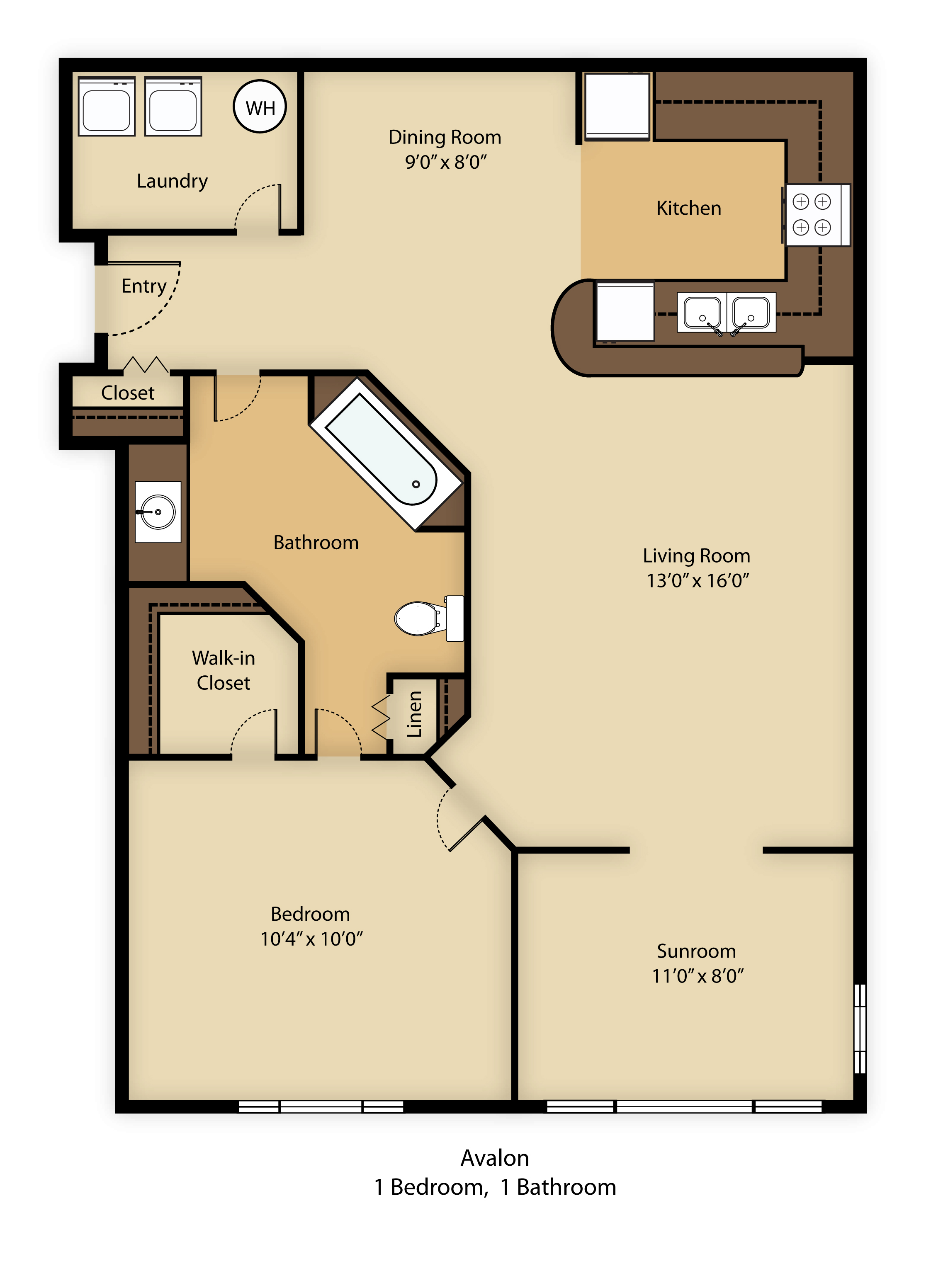 Floor plan for 1 bed, 1 bath, 970 sqft