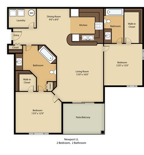 Floor plan for 2 beds, 2 baths, 1140 sqft