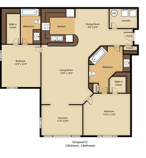 Floor plan for 2 beds, 2 baths, 1250 sqft