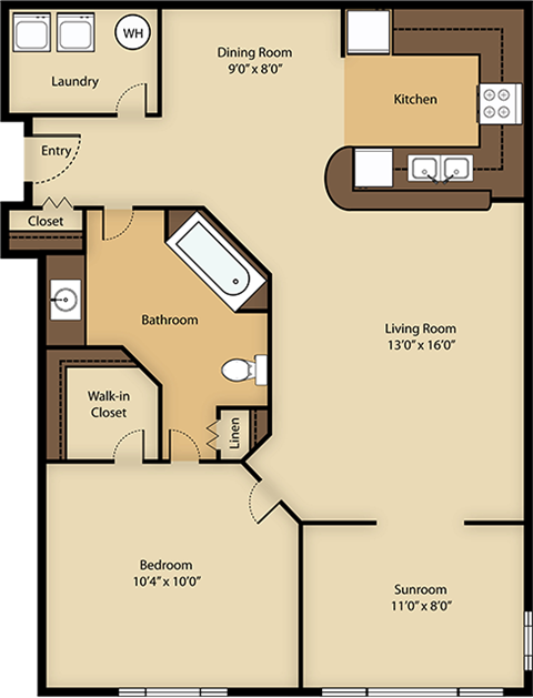 Floor plan for 1 bed, 1 bath, 1120 sqft