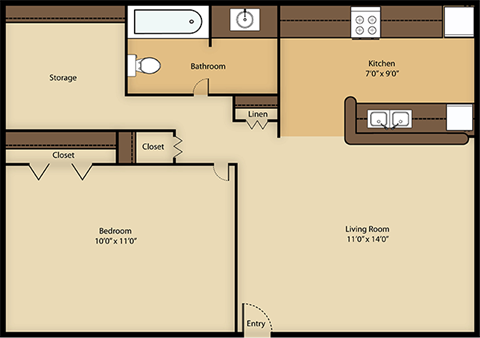 Floor plan for 1 bed, 1 bath, 650 sqft