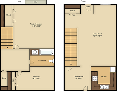 Floor plan for 2 beds, 1 bath, 1374 sqft