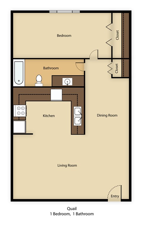 Floor plan for 1 bed, 1 bath, 525 sqft