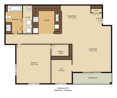 Floor plan for 1 bed, 1 bath, 980 sqft
