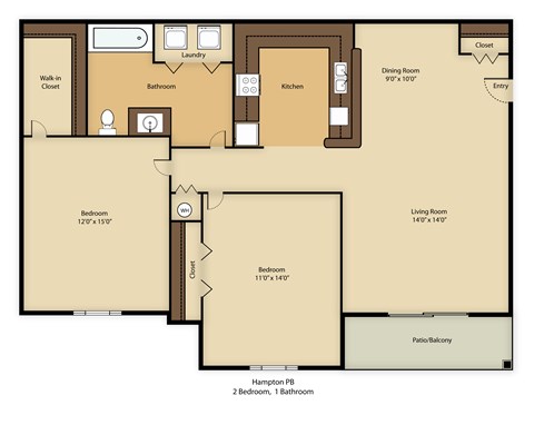 Floor plan for 2 beds, 1 bath, 1070 sqft
