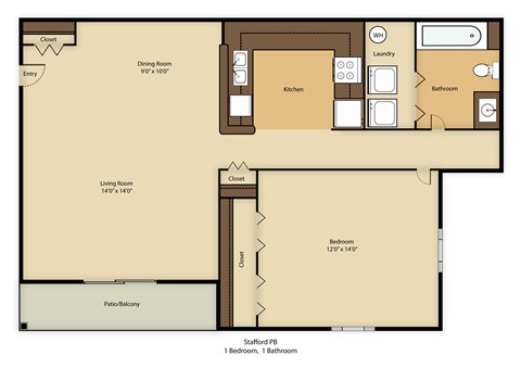 Floor plan for 1 bed, 1 bath, 860 sqft