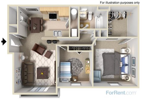 Floor plan for 2 beds, 1 bath, 933 sqft