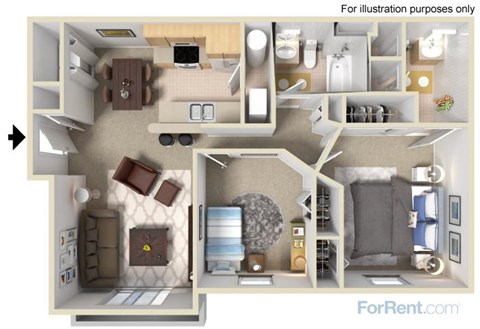 Floor plan for 2 beds, 2 baths, 933 sqft